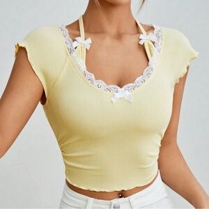 Yellow Lace Trimmed Women's Top